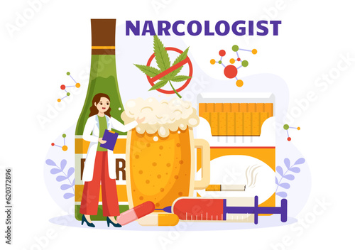 Narcologist Vector Illustration for Drug Addiction Awareness, Alcohol and Tobacco in Healthcare Flat Cartoon Hand Drawn Background Templates