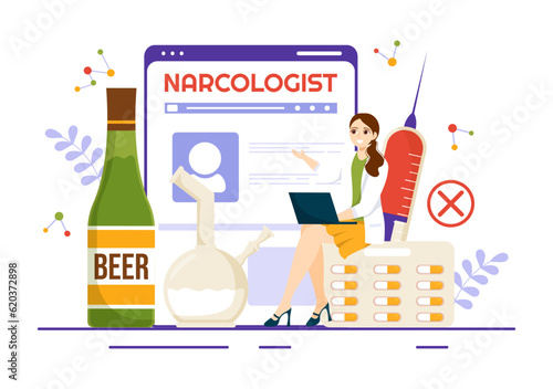 Narcologist Vector Illustration for Drug Addiction Awareness, Alcohol and Tobacco in Healthcare Flat Cartoon Hand Drawn Background Templates
