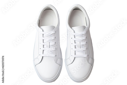 Top-down view of a stylish pair of fashionable sneakers resting on a plain transparent background.