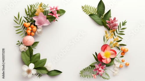 Floral border frame card template. multicolor flowers, leaves, for banner, wedding card. Springtime composition with copy-space, Generative AI illustration