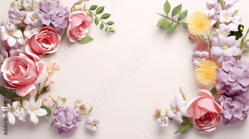 Floral border frame card template. multicolor flowers, leaves, for banner, wedding card. Springtime composition with copy-space, Generative AI illustration