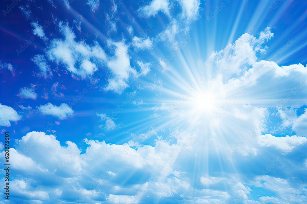 Illustration of sun rays breaking through white fluffy clouds in the blue sky Illustration of sun rays breaking through white fluffy clouds in the blue sky