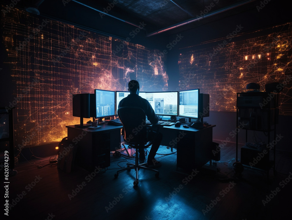 暗闇でパソコンを使う男性　ハッカー・サイバー攻撃・ネット犯罪　AI生成画像　Generative A