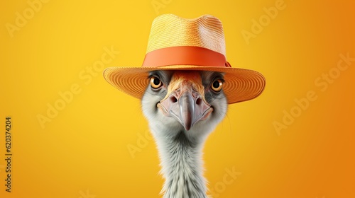Flamingo wearing a straw hat on a dark yellow background
