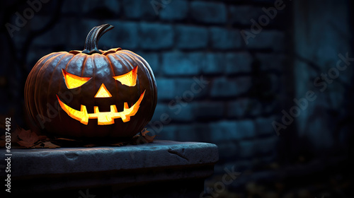Sinister Glow Haunting Jack O Lantern by the Haunted Castle. created with Generative AI