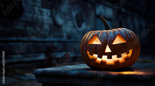 Sinister Glow Haunting Jack O Lantern by the Haunted Castle. created with Generative AI