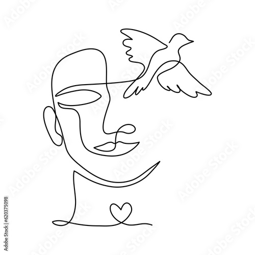 Continuous line art of a happy person with bird and heart symbol, self love concept. Lineart vector illustration.