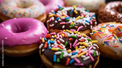 assorted donuts with chocolate frosted, pink glazed and sprinkles donuts. © SITI