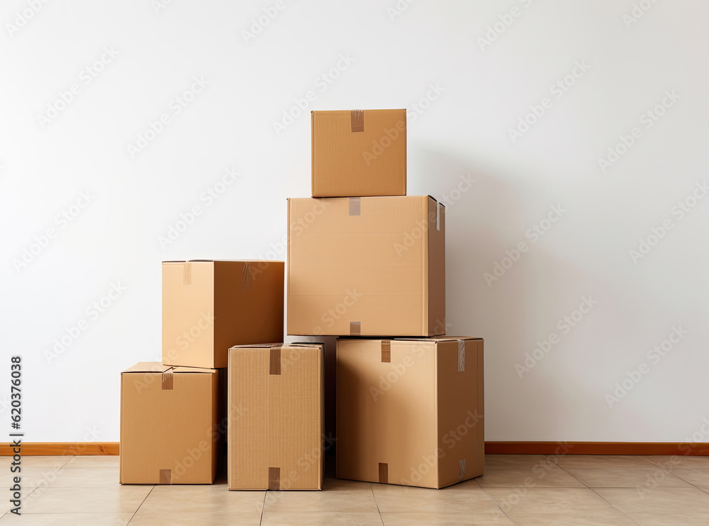 Cardboard boxes standing near the white wall and prepared for moving, Generative AI Cardboard boxes standing near the white wall and prepared for moving, Generative AI
