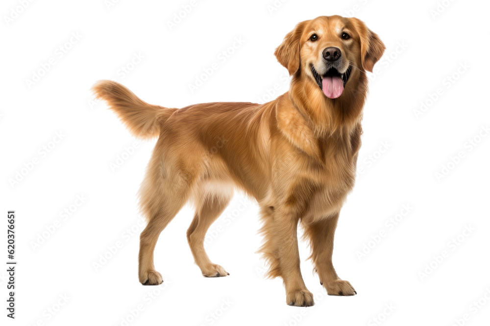 A golden retriever dog is extending its paw to the side while standing alone on a transparent background.