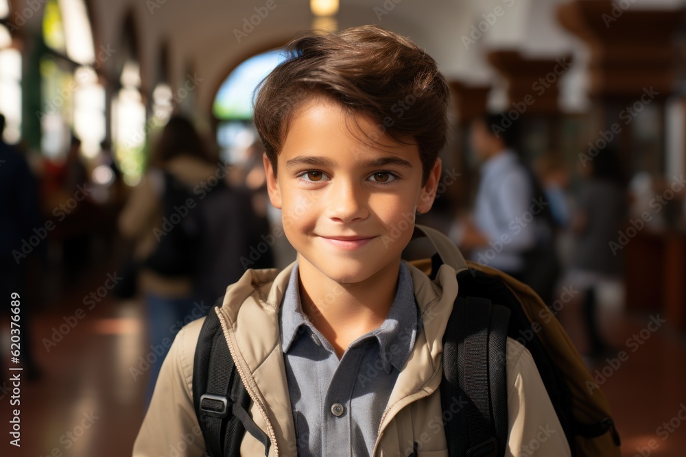 Smiling Hispanic boy looking at the camera Elementary school boy carrying a backpack and standing in the library at school Cheerful middle eastern boy standing against library background