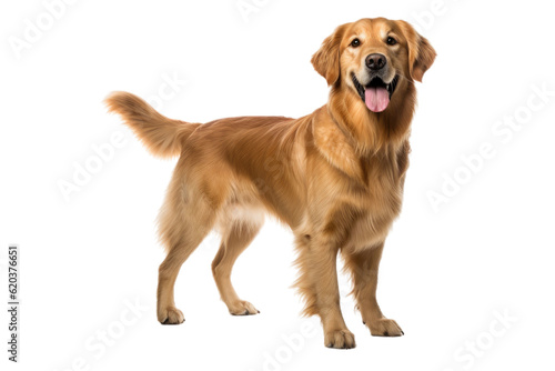 A golden retriever dog is extending its paw to the side while standing alone on a transparent background. photo