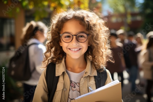 Smiling girl student in school backpack and holding exercise book Portrait of happy Asian girl outside elementary school Close-up face of smiling Spanish schoolgirl looking at camera
