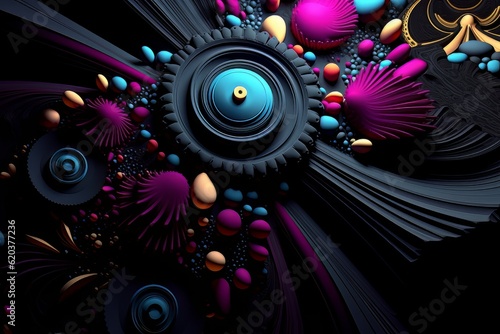 Abstract background futuristic artificial flowers and spheres surrounded by lines AI