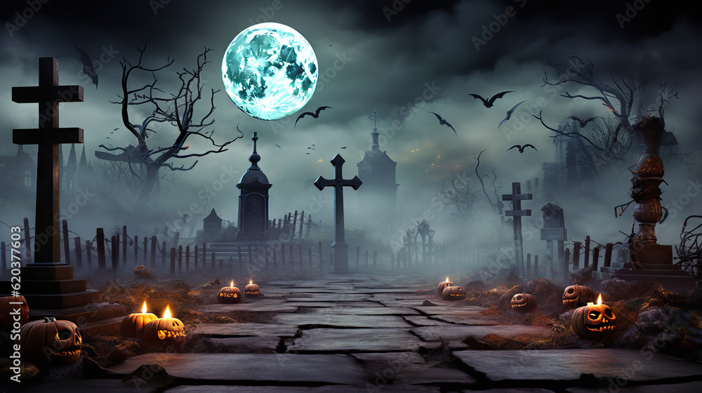 Grim and Gothic Halloween Design featuring a Wooden Table and Eerie Graveyard. created with Generative AI