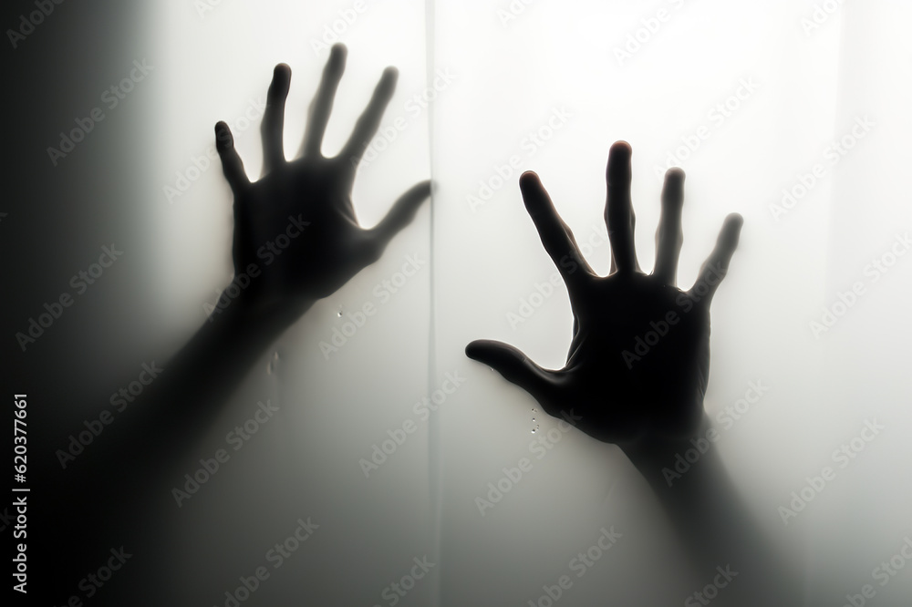 Mystical Shadows Defocused Hand Silhouette behind Frosted Glass, Evoking Halloween Concept in Black and White Mode. created with Generative AI