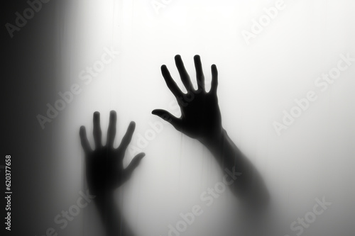 Mystical Shadows Defocused Hand Silhouette behind Frosted Glass, Evoking Halloween Concept in Black and White Mode. created with Generative AI