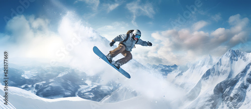 a man flying through the air while riding a snowboard Generated by AI