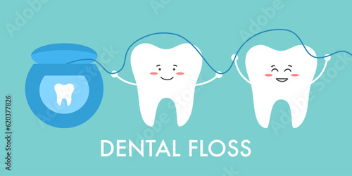 Cute dental floss cartoon character in flat design.