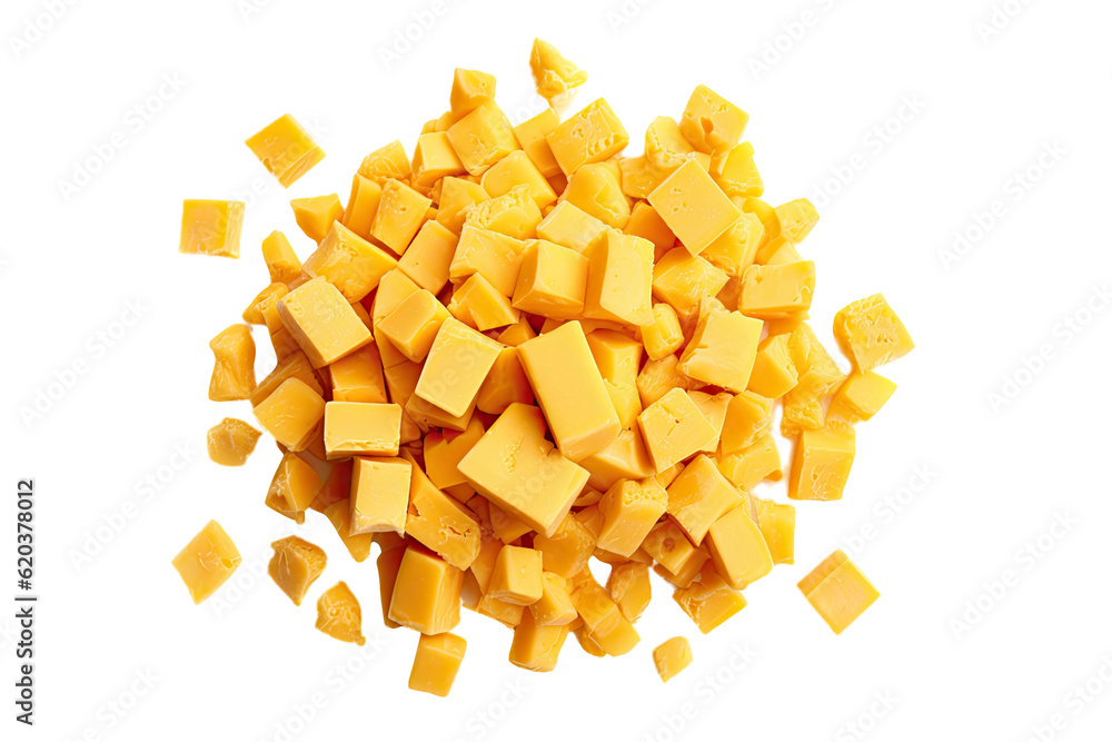 A pile of chopped mild cheese placed on a transparent background, seen from above.