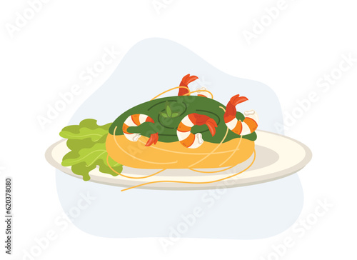 Spaghetti with prawns or shrimps in homemade pesto sauce. Flat vector cartoon illustration