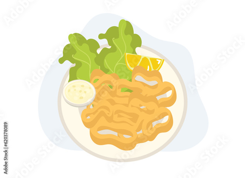 crispy Fried calamari rings with lemon wedge and tartar sauce . Top view. Flat vector cartoon illustration