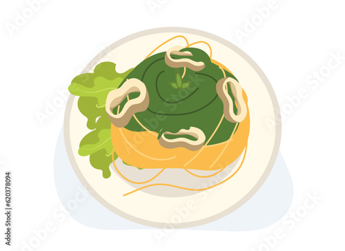 Spaghetti with squid ring in homemade pesto sauce. top view. Flat vector cartoon illustration