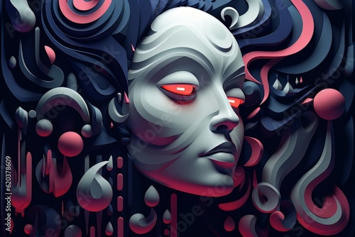 Abstract woman with wave and spheres hair and red eyes, cyberpunk doll AI