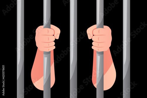 Illustration hands holding prison bars vector background.