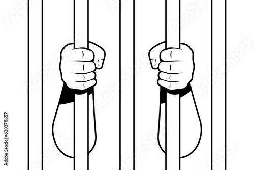 Illustration hands holding prison bars vector background.