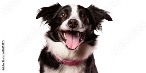 A photograph featuring a happy mixed breed rescue dog with black, brown, and white fur posing and grinning against a backdrop of pink.