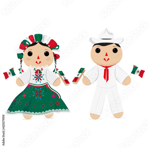 Mexican Independence Day Rag Dolls: Festive Decorations with Flag, Matraca, and Mariachi Bow Tie. Vibrant Tribute to the Tradition of Independence Day in Mexico.