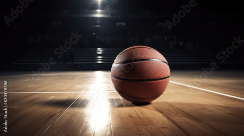 Basketball on wooden floor with stadium background © waranyu