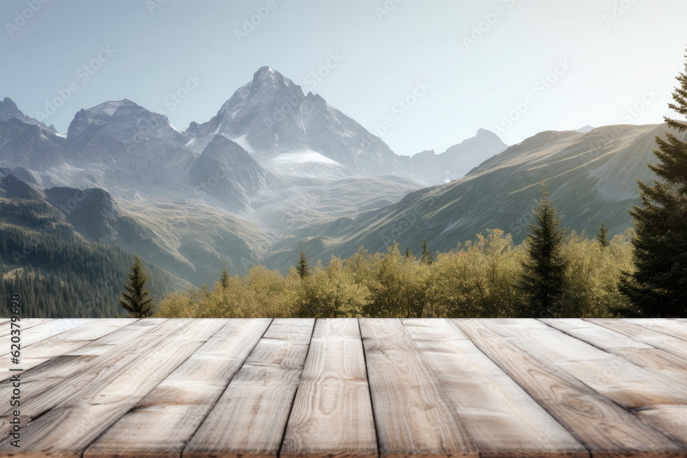 wooden board with mountain background