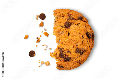 Half of cookies with chocolate and scattered crumbs on a transparent background.
