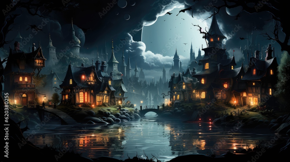 Mysterious village under creepy moonlight