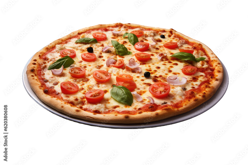 A transparent background showcases an Italian pizza adorned with fresh vegetables and basil leaves, alongside melted mozzarella cheese, green olives, and tomato.