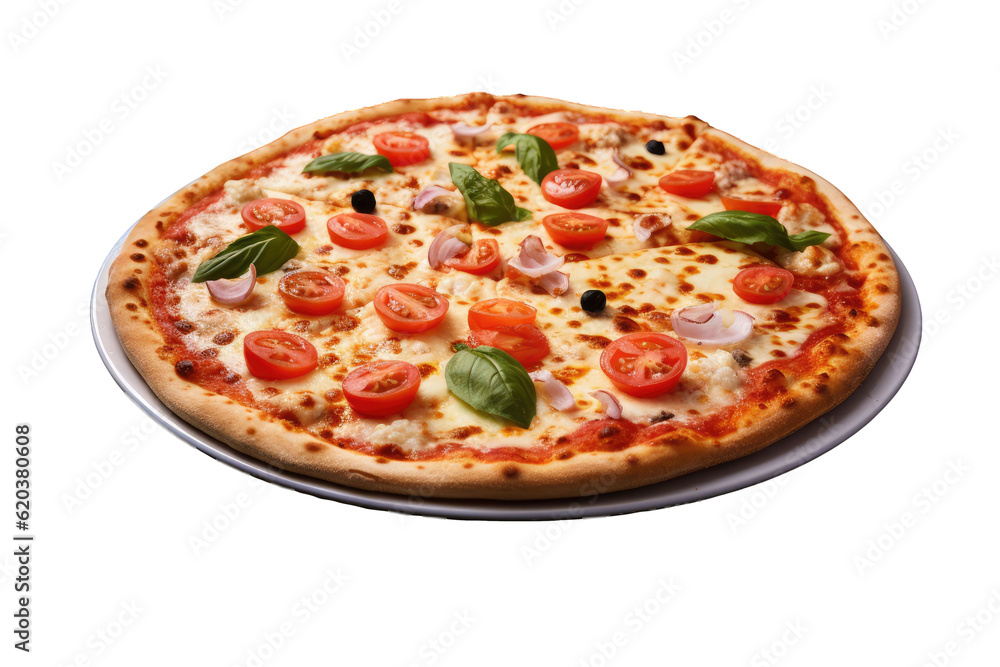 A transparent background showcases an Italian pizza adorned with fresh vegetables and basil leaves, alongside melted mozzarella cheese, green olives, and tomato. A transparent background showcases an Italian pizza adorned with fresh vegetables and basil leaves, alongside melted mozzarella cheese, green olives, and tomato.