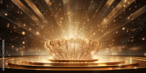 Futuristic luxury stand in light golden color backdrop background, AI Generative