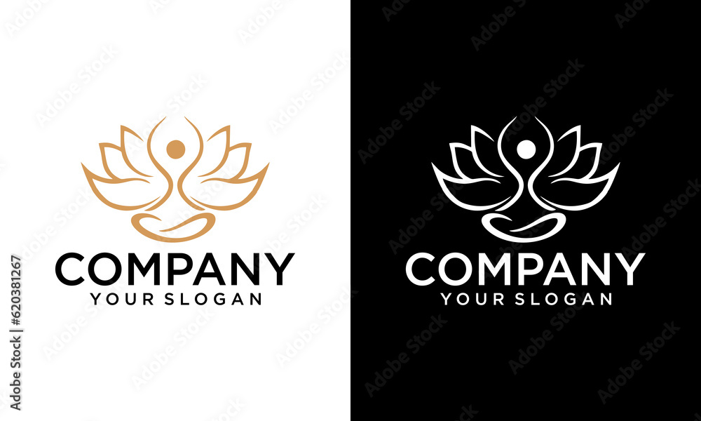 yoga logo design stock. human meditation in lotus flower vector illustration in gold color yoga logo design stock. human meditation in lotus flower vector illustration in gold color