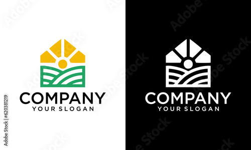 Vector farm house icon template. Linear organic farming symbol illustration with field, sun, rays. Natural food logo background for healthy fresh eco products, farmers market in circle form