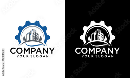 Gear stone building house logo vector icon illustration