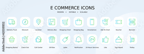E Commerce icons collection with blue and green gradient style. delivery, sale, payment, market, retail, buy, shipping. Vector illustration