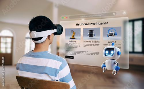 Asian teenager is learning about AI with chat bot 3D via VR headset, technology and education concept. photo