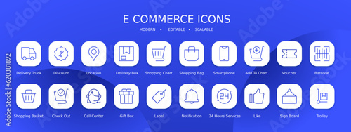 E Commerce icons collection with black filled outline style. delivery, sale, payment, market, retail, buy, shipping. Vector illustration