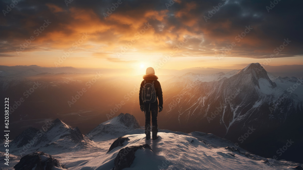 Majestic Snowy Mountain Sunrise - Adventurous Hiker on High Peak - Generative AI