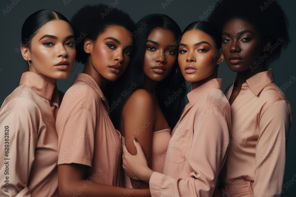 Obraz premium Inclusive Beauty: Diverse Women Embracing Beauty Glamour and Neutral Fashion Campaign Retouched Powerful Generative AI