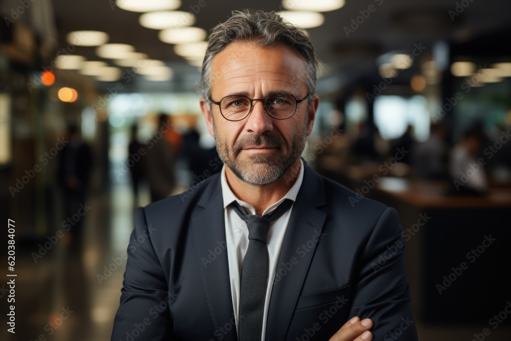 Happy middle-aged businessman standing in arms at work Happy middle-aged businessman standing in arms at work