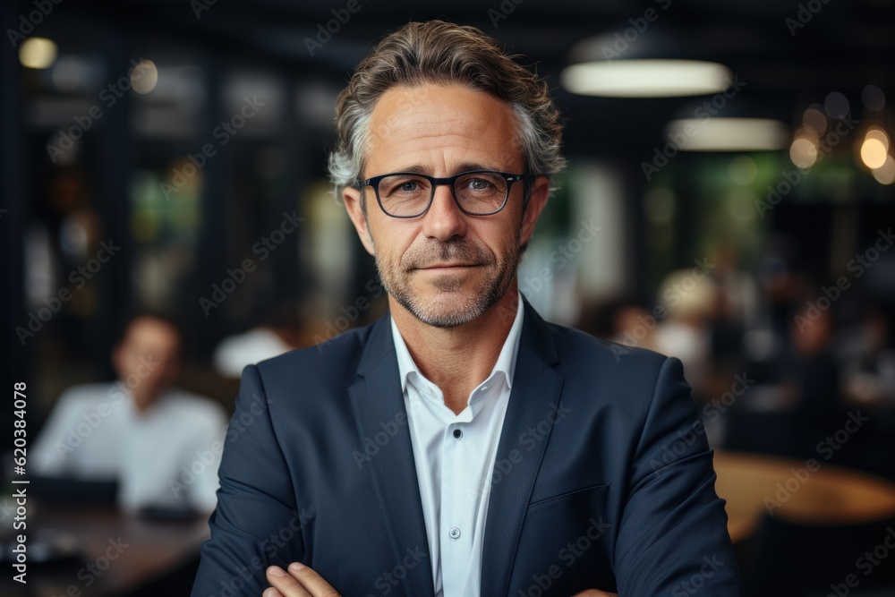 Fototapeta premium Happy middle-aged businessman standing in arms at work