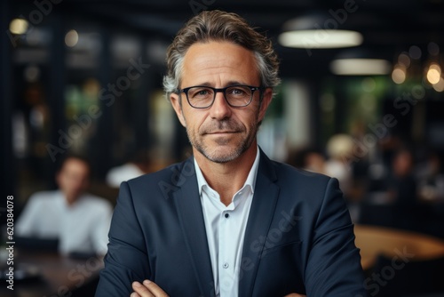 Happy middle-aged businessman standing in arms at work